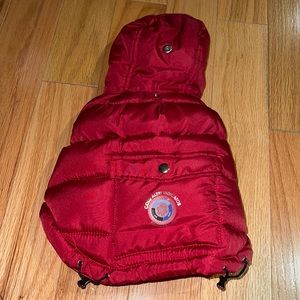 Red winter dog coat size small with hoodie
